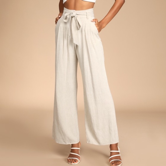 Lulus Accessories - Lulus Trend Alert Beige Belted High-waisted Wide-leg Pants - Size L
